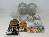 2 Glass Jars, 4 Ash Trays, Glass Bowl, Star Wars Collector Characters, Shrek Crayons, Frog Figures
