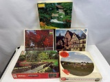 5 Puzzles- Barn, Fall Scene, European Village Scene, Farm and Garden Bridge