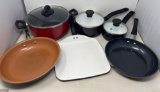 Cookware- Large Pot with Lid, 2 Sauce Pans with Lids, 2 Fry Pans and T-fal Skillet