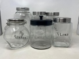 6 Various Large Lidded Jars- One is Beverage Dispenser