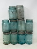 10 Blue Vintage Canning Jars, Some with Zinc Lids