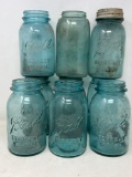 6 Blue Vintage Ball Canning Jars, One with Zinc Lid