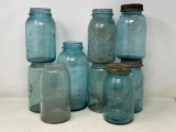 9 Blue Vintage Canning Jars- Various Sizes, Some with Zinc Lids