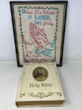 Framed Embroidery of Prayer and White Holy Bible