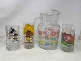 Glass Flowered Pitcher and 3 Character Glasses