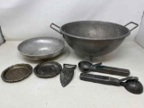 Metal Lot- Colander, Hammered Aluminum Bowl, 2 Pewter Plates, Vegetable Peeler/Grater and 2 Scoops