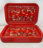 12 Red Metal Trays with Town Scene