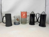5 Beer Mugs/Steins- 2 with Pewter Lids