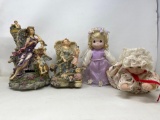 2 Angel Figures, Doll in Purple Dress, Porcelain Crawling Baby Doll