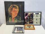 Jon Bon Jovi Lot- Framed Print, Photo and 3 JBJ $1 Bills, Framed JBJ $1 Bill & Framed Concert Tix