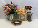 3 Artificial Flower Arrangements- One is Wooden- and Berry Candle Ring