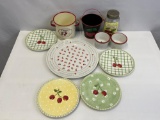 Cherry Motif Plates Platter, Double Handled Cup, Pail, Jar and 2 Ramekins