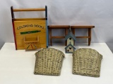 Wooden Coloring Book and Crayons Holder, 2 Small Wooden Shelves, Birdhouse and 2 Wicker Wall Baskets