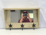 Country Wall Shelf with Mirror, Star Hooks and Crackle Paint Detail