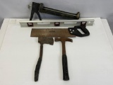 Caulk Gun, Metal Level, Miter Saw, Hatchet and Claw Hammer