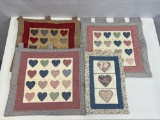 Printed Heart Fabric Wall Hangings, One is Pieced & Appliqued- All are Hand Quilted
