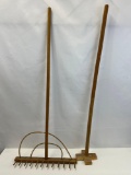 Antique Wooden Rake and Other Wooden Long Handled Tool