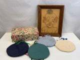 Hot Water Bottle Bags, Floral Cardboard Lidded Box and Framed Drawing of Clown