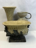 Metal Vessel with Coiled Handle, Urn with Metal Base and Matching Oval Bowl with Metal Base