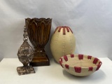 Tin Vase and Finial and Pottery Vase and Bowl