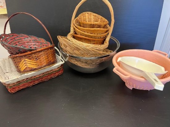 Baskets, Glass Mixing Bowl, Pink & White Colanders