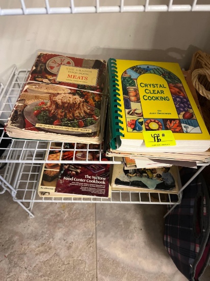 Cookbooks Lot, Wire 2-Shelf Unit, Lazy Susan, Wicker Basket, Plastic Serving Tray & Lunch Bag