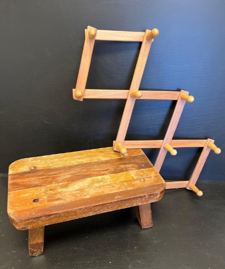 Expanding Wooden Hat Rack and Small Wooden Foot Stool