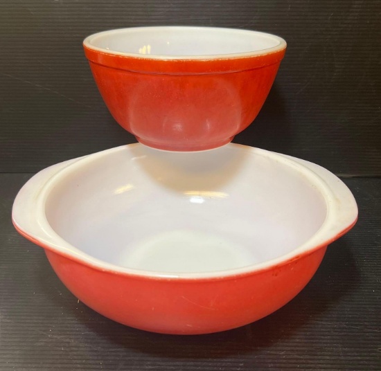 2 Red Vintage Pyrex Bowls- Larger Has Handles and Some Wear to Finish