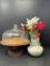 Wooden Cake Stand with Glass Dome, Vase with Artificial Flowers and Vase with Sand