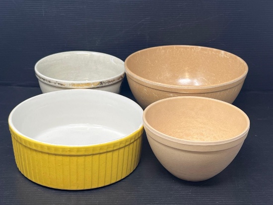 Yellow Ernest Sohn Fluted Bowl, 2 Ellinger's Agatized Wood Bowls & Hall's Bowl with Gold Polka Dots