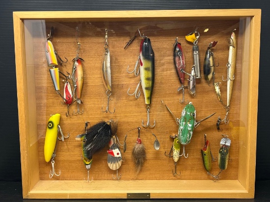 Cased Vintage Fishing Lure Collection with Brass Tag "Harold"