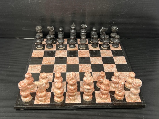 Marble Type Mexican Onyx Chessboard and Game Pieces