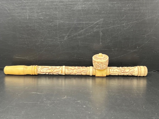 Ornately Carved Bone Type Ritual Pipe with Asian Figures.