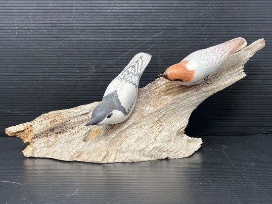 Two "carved" and signed "LEF" songbirds on Driftwood Figurine