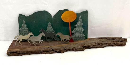 Diorama Featuring Horses, Trees, Sun and Mountains on Driftwood Base