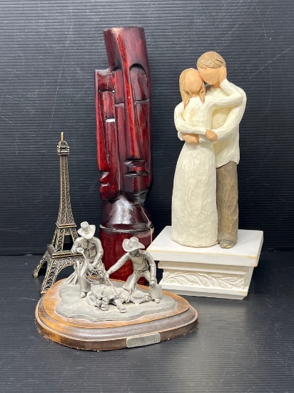 ; Wood Carving, Eiffel Tower Replica, and Metal Cowboys "Bronze" type Figurine