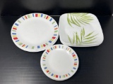 2 Partial Sets of Corelle Dishes- One is Round with Design Around Edge, Other is Square with Florals