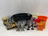 Halloween Lot- Black Basin, Plastic Skull, Masks, Goblets, Stemware, Jack-O-Lantern Boxes/Pails