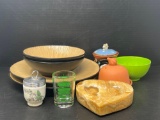 2 Plates w/ Matching Bowls, Egg Coddler, Marble Heart, Garlic Keeper, Lidded Jar, Shot Glass