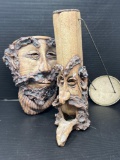2 Pottery Faces- One is Bird Feeder