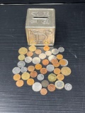 Metal Child's Block Bank with Coins