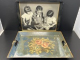 Framed B&W Photograph of Little Girls Painting and Floral Decorated Tray with Cut-out Handles