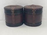 2 Leather-Like Hinge Lidded Cylindrical Hat Boxes