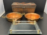 Wicker & Tile Lidded Basket, 2 Copper Basins and Mirror & Acrylic Dresser Tray