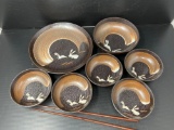 7 Asian Bowls with Bunny Motif- Various Sizes and Pair of Wooden Chopsticks