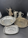 Pewter Bread Plate, Round Tray, Tankard and Stein and Silver Plate Tea Pot & Round Tray