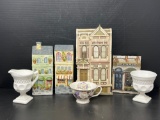 4 Ceramic Wall Plaques Depicting Buildings, China Floral Cup and Milk Glass Open Sugar & Creamer