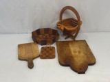 Wooden Basket, 2 Cutting Boards, Checkerboard Cutting Board and Bowl
