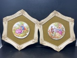 Pair of Porcelain French Romantic Scenes in Hexagonal Frames