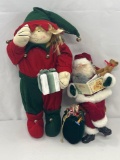 Fabric Elf Doll with Gift, Seated Santa Figure with Book, Bear and Bag of Toys